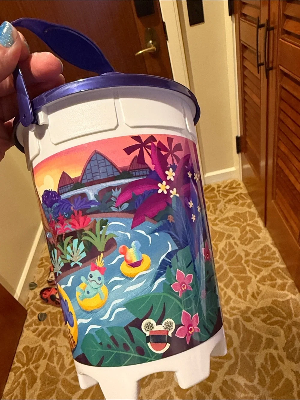 Disney Aulani Exclusive Purple and White Stitch Tropical Popcorn Bucket